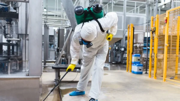Un hombre con mono azul y gorra de béisbol de pie sobre una escalera de mano, limpiando o manteniendo una unidad interior de aire acondicionado montada en una pared blanca. Lleva guantes blancos.