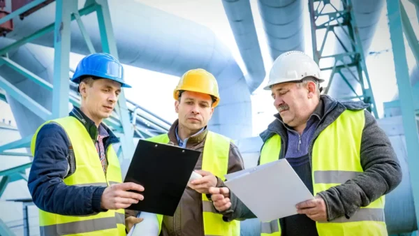 Tres ingenieros con cascos azules y chalecos de seguridad, dos hombres y una mujer, de pie alrededor de una mesa con un ordenador portátil, planos y un modelo 3D, discuten un proyecto en un entorno industrial.
