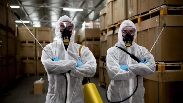 Dos personas con trajes protectores blancos de cuerpo entero, mascarillas de respiración y guantes azules trabajan en el interior de una gran sala industrial o de laboratorio vacía. Una persona acciona un dispositivo de nebulización, mientras la otra permanece de pie cerca.