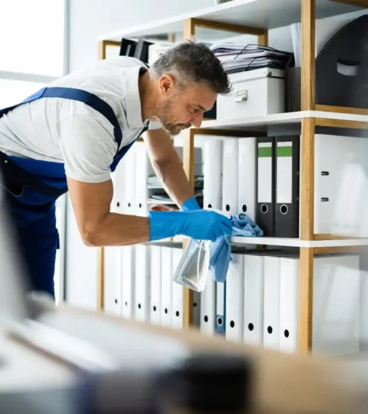 Un limpiador profesional con uniforme azul y guantes amarillos utiliza un pulverizador y un paño para limpiar meticulosamente una mesa de oficina, con el monitor y el teclado del ordenador a la vista.